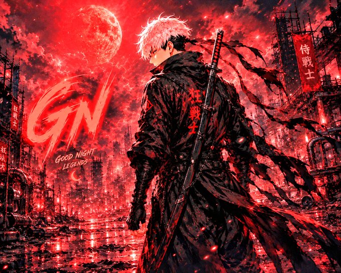 A stylized anime illustration for "GOOD NIGHT LEGENDS" (GN) showing a character with white hair and a sword standing in a dark cityscape with a red moon and Chinese characters.