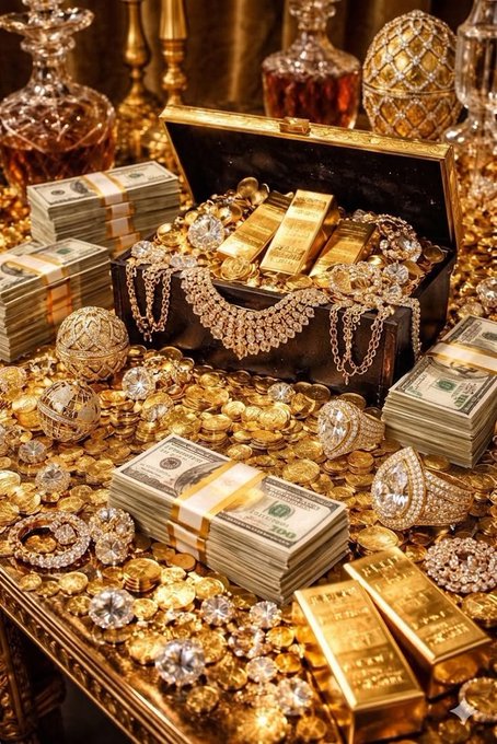 An AI-generated image depicting a lavish display of wealth, featuring an open treasure chest overflowing with gold bars, coins, jewelry, and stacks of hundred-dollar bills.