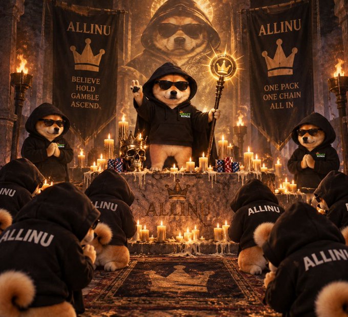 In a dramatic, candlelit shrine, a Shiba Inu dog wearing sunglasses and a black hoodie stands at the altar as a charismatic leader, raising one paw and holding a golden staff topped with a crown, while a larger hooded portrait of the same dog looms behind them. Banners on either side read "ALLINU — BELIEVE HOLD GAMBLE ASCEND." and "ALLINU — ONE PACK ONE CHAIN ALL IN," and followers in matching "ALLINU" hoodies sit reverently in rows, embodying the post's rallying cry of "ALL IN AND NEVERFOLD GN ASCEND."
