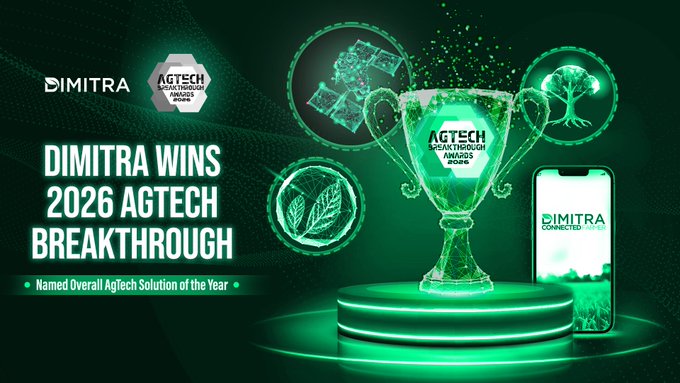 A green-themed announcement that 'DIMITRA WINS 2026 AGTECH BREAKTHROUGH', named Overall AgTech Solution of the Year, featuring a trophy, satellite, tree, leaf, and a smartphone displaying the Dimitra Connected app.