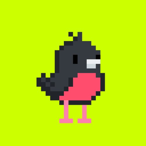 A pixel art illustration of a black bird with a red belly and pink legs standing on a lime green background.