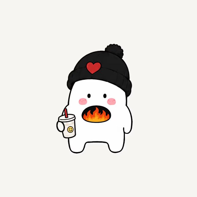A cute, cartoon-style white blob character with pink cheeks, wearing a black beanie with a red heart, with flames in its open mouth and holding a white cup with a red straw and a smiley face.