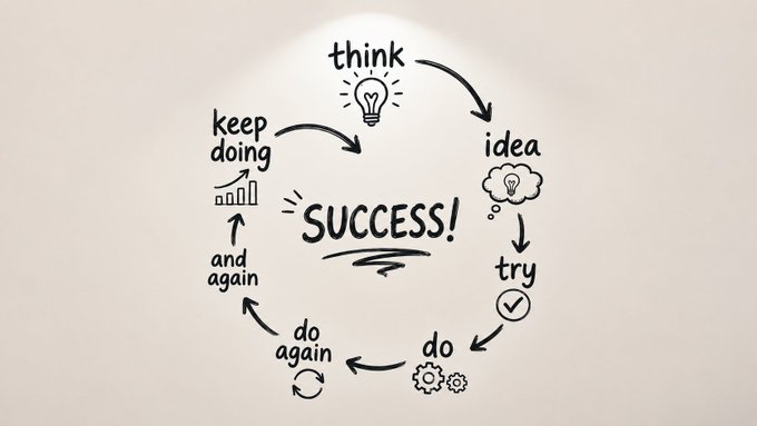 A hand-drawn diagram on a beige background illustrates a cyclical success process with the steps 'think', 'idea', 'try', 'do', 'do again', 'and again', and 'keep doing' surrounding the word 'SUCCESS!'.