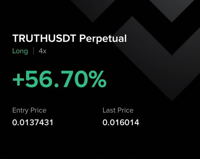 The image features a computer screen displaying information about a cryptocurrency called "TRUTHUSDT". There are two lines of text providing details about the cryptocurrency, with one line being "long is printing Hope you made some gains" and another stating that there has been an increase of "56.7%", followed by "LAST PRICE" displayed. This visual information may be used to explain how the value of a particular cryptocurrency fluctuates over time or discuss recent market trends related to it.