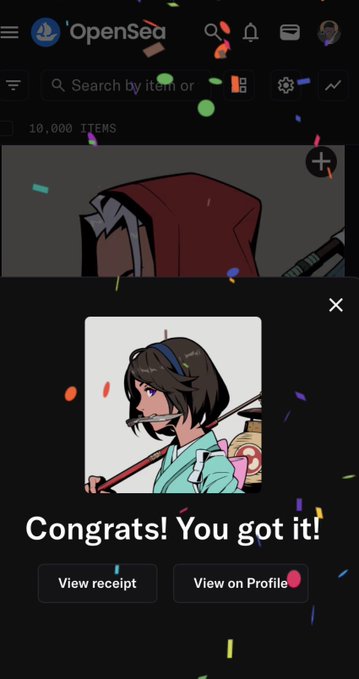 A mobile screenshot from OpenSea showing a 'Congrats! You got it!' confirmation popup after acquiring an anime-style avatar item, with 'View receipt' and 'View on Profile' buttons.