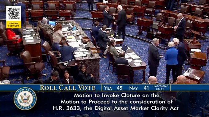 A U.S. Senate floor broadcast showing a roll call vote with the tally 'Yea 45 Nay 41' for the 'Motion to Invoke Cloture on the Motion to Proceed to the consideration of H.R. 3633, the Digital Asset Market Clarity Act.'