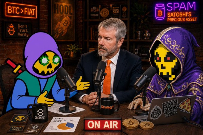 A crypto podcast studio scene featuring a suited man (likely Michael Saylor) flanked by two skull-faced cartoon figures in purple hoodies, with neon signs reading 'BTC > FIAT', 'HODL', and 'SPAM SATOSHI'S PRECIOUS ASSET' surrounding the set.