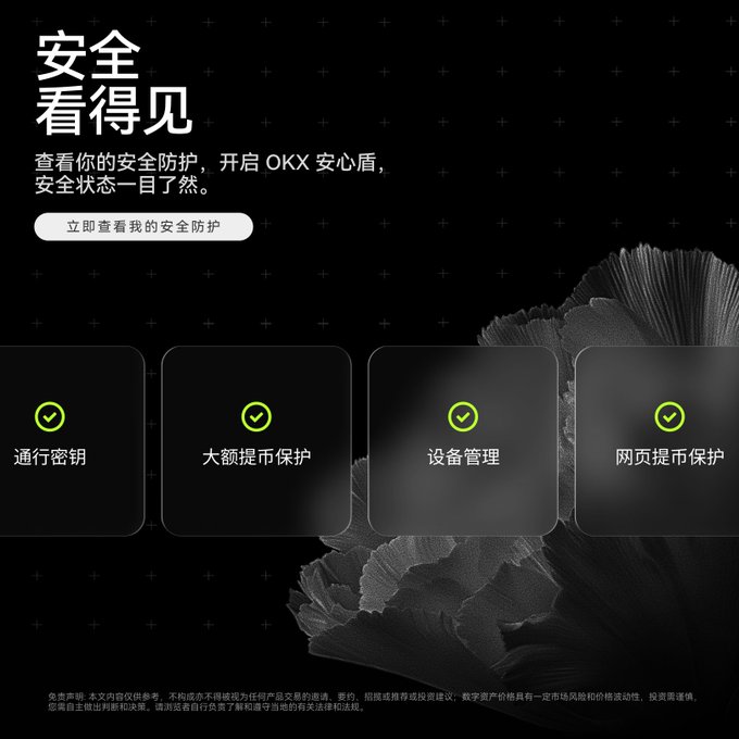 An OKX promotional banner in Chinese featuring the headline "安全看得见" (Security You Can See) with four security features displayed as checkmark cards: 通行密钥, 大额提币保护, 设备管理, and 网页提币保护.
