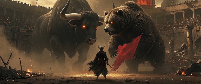 A lone warrior with horns stands defiant in a ruined colosseum, facing off against a massive bull and bear, symbolizing a battle between market forces and unwavering conviction. The dramatic arena setting reinforces the post's theme of $ANSEM as a powerful cultural movement within the Solana memecoin ecosystem, led by influential KOL Ansem (@blknoiz06).