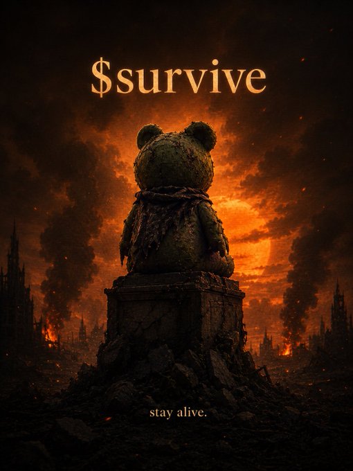A dark, apocalyptic movie-style poster with the title '$urvive' and tagline 'stay alive,' featuring a damaged teddy bear sitting on rubble against a fiery, smoky destroyed cityscape.