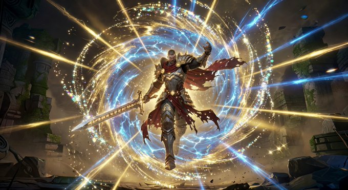A fantasy warrior in armor with a flowing red cape leaps forward wielding a sword, surrounded by a glowing golden and blue magical portal.