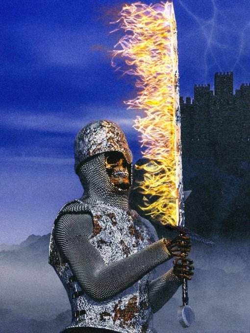 A fantasy illustration of a knight in chainmail armor wielding a flaming sword against a castle backdrop under a dark blue sky.