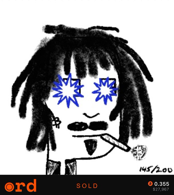 A digital artwork depicts a black-and-white sketch of a figure with dreadlocks, blue starburst eyes, and a cigarette, labeled '145/200', 'SOLD', and priced at '0.355 $27,967'.