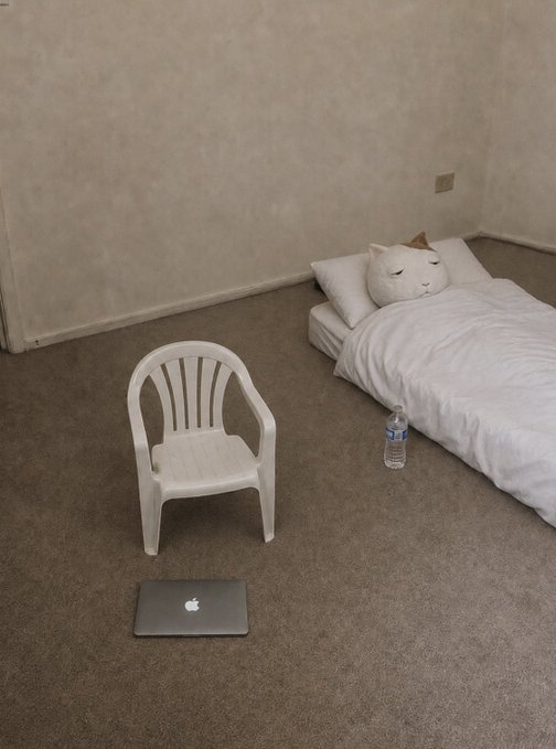 A minimalist room features a white plastic chair, a MacBook on the floor, a water bottle, and a bed with a large plush cat pillow against beige walls.