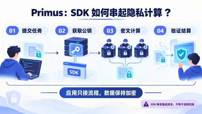 An infographic in Chinese titled 'Primus: SDK 如何串起隐私计算?' showing a four-step process (提交任务, 获取公钥, 密文计算, 验证结算) illustrating how the SDK chains together privacy computing while keeping data encrypted.
