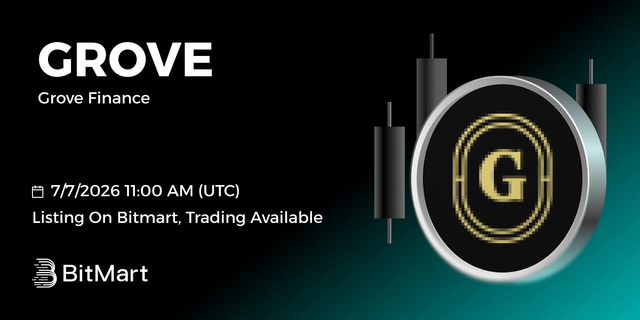 A promotional banner for 'GROVE' (Grove Finance) announces its listing on BitMart on 7/7/2026 at 11:00 AM (UTC) with trading available.