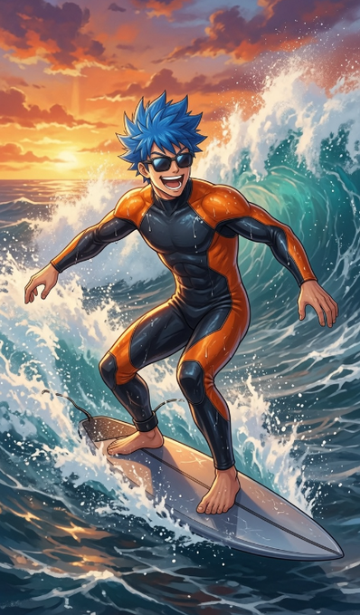 Anime-style illustration of a character with spiky blue hair and sunglasses surfing on an orange and black wetsuit during a sunset.