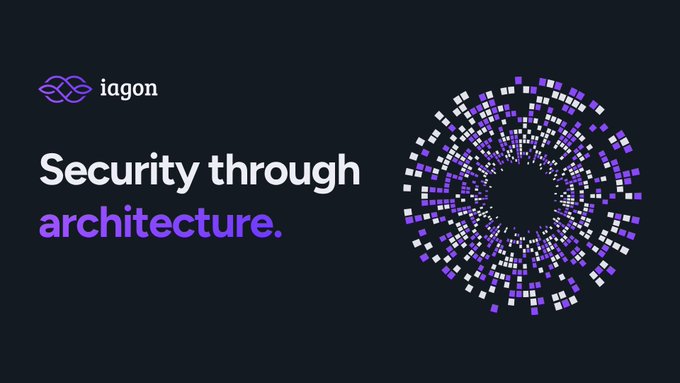 A dark promotional banner for iagon featuring the tagline 'Security through architecture.' alongside a purple and white circular graphic design.