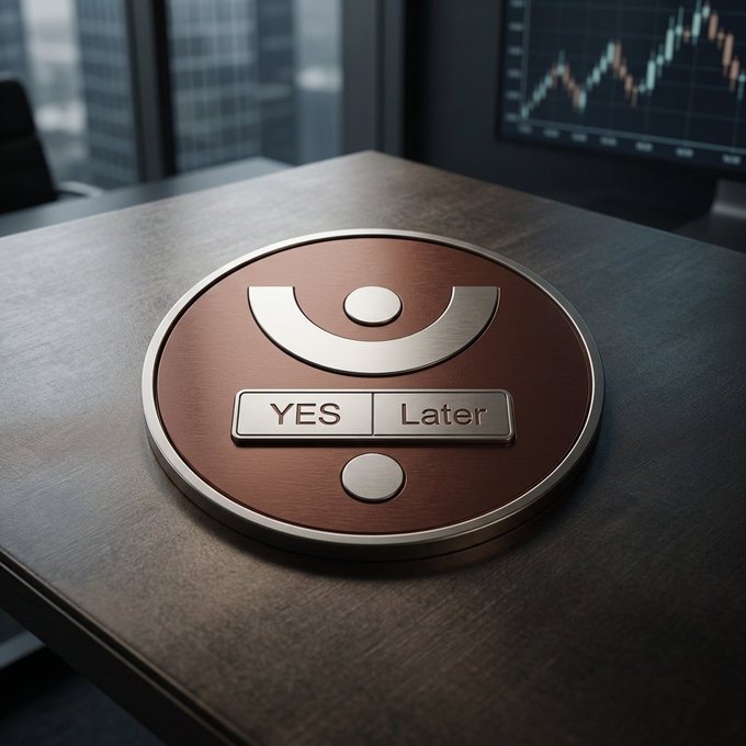 A circular bronze-colored desk plaque with 'YES' and 'Later' buttons and a smiley-face design, sitting on a wooden surface with a stock chart monitor visible in the background.