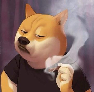 A digital illustration of a Shiba Inu dog with a displeased expression, wearing a black t-shirt and smoking a cigarette with smoke curling upward.