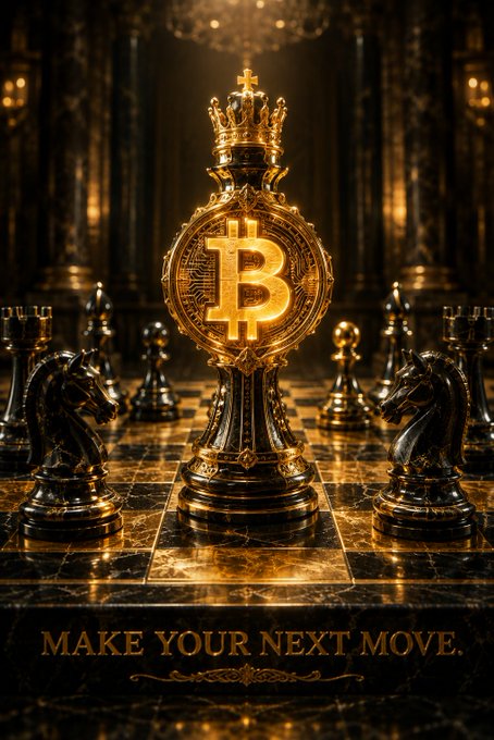 A golden chess piece topped with a crown and featuring a Bitcoin symbol stands on a chessboard, with the text "MAKE YOUR NEXT MOVE." displayed at the bottom.