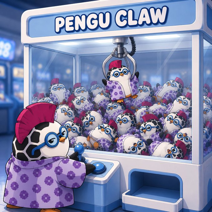 An illustrated claw machine labeled 'PENGU CLAW' is filled with purple-spotted penguins wearing glasses and pink mohawks, while one penguin operates the joystick outside.