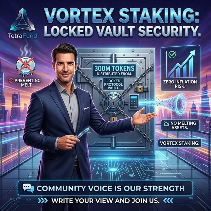 A promotional poster for 'TetraFund' titled 'VORTEX STAKING: LOCKED VAULT SECURITY,' featuring a man in a suit presenting a chained safe labeled '300M TOKENS DISTRIBUTED FROM,' with highlights like 'ZERO INFLATION RISK' and 'PREVENTING MELT.'