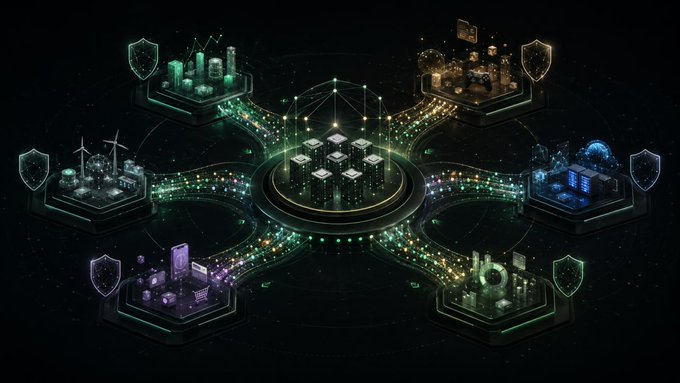 Digital illustration of a glowing networked hub with central servers connected to various themed platforms (city, energy, commerce, etc.) surrounded by shield icons.