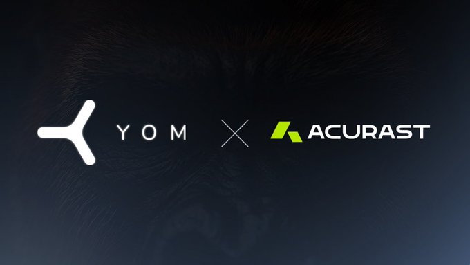The image features a logo for YOM Acurast, which is a company that specializes in creating networks from everyday smartphones. The logo includes two white arrows pointing towards each other, symbolizing the collaboration between these two networks. The background of the image is black and has a gradient effect on it, giving it an artistic touch. The text "YOM Acurast" is written below the logo, indicating that this is the company's name.