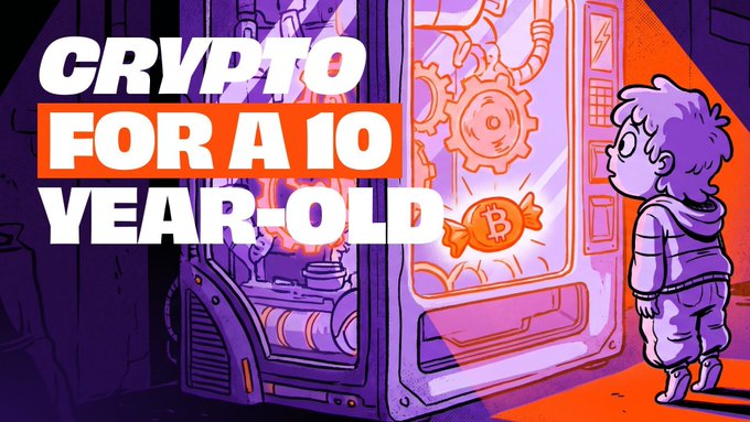An illustration of a young child looking into a vending machine with Bitcoin tokens, overlaid with bold text reading 'CRYPTO FOR A 10 YEAR-OLD'.