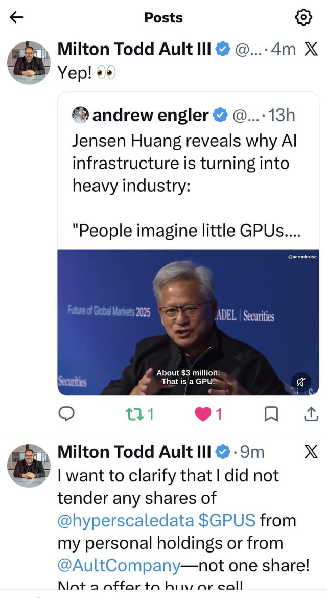 The image shows two posts on social media, one with a man's face and another with a text about AI. The first post has a caption that reads "G.P.U.S. bears screaming dilution eat a bad of ...ks". This caption is related to the second post where a man named Andrew Engler is talking about how AI is changing into heavy industry, which could be interpreted as the dilution effect on shares in G.P.U.S. The posts are posted by two different people and have been shared by multiple users.