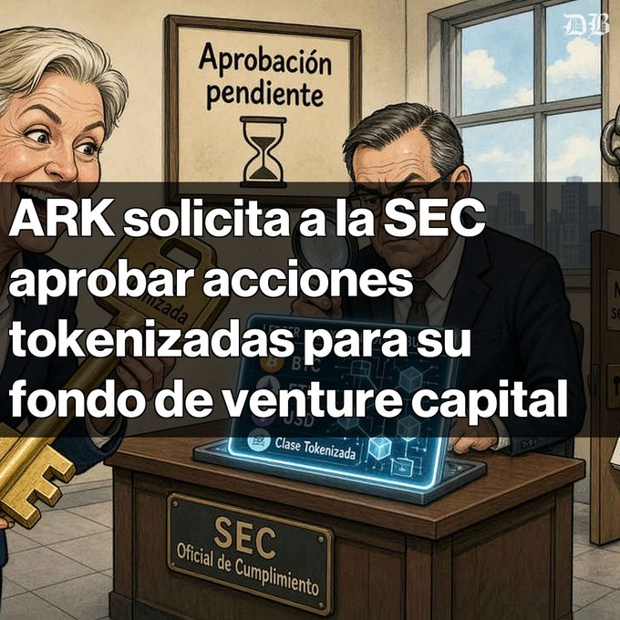 An illustrated news graphic from 'MB' with Spanish text 'ARK solicita a la SEC aprobar acciones tokenizadas para su fondo de venture capital', depicting a cartoon scene at the SEC with an hourglass labeled 'Aprobación pendiente'.