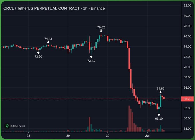 A candlestick chart of the CRCL/TetherUS Perpetual Contract (1h) on Binance shows prices ranging from a high of 76.62 down to a low of 61.10, with the current price at 63.70.