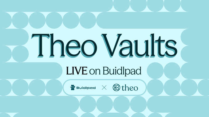 A promotional graphic with a teal geometric background displays "Theo Vaults LIVE on Buildpad" along with the Buildpad and Theo logos. The image announces Theo's partnership with Buildpad to launch two new yield vaults offering 6.5% and 11% APY with Theo Points incentives.
