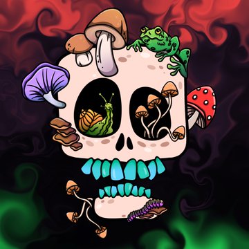 A colorful illustration of a skull with cyan teeth surrounded by mushrooms, a green frog, a snail, and a caterpillar against a red and green swirling background.