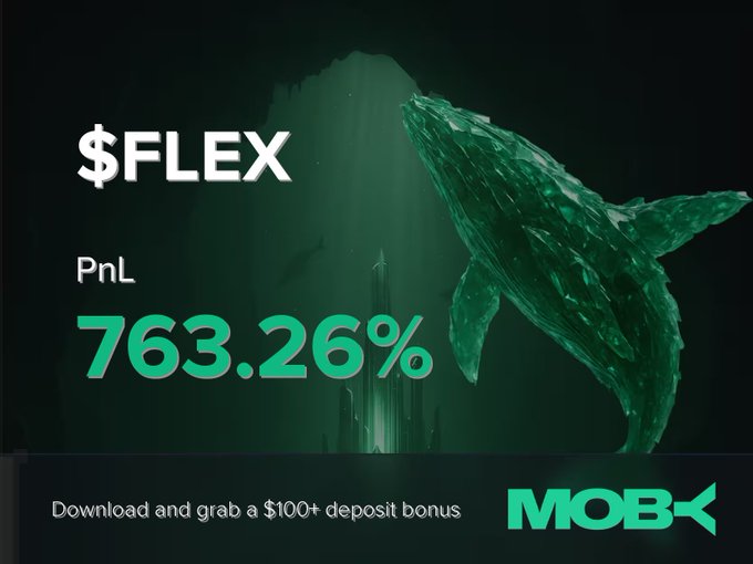 A promotional graphic for $FLEX token by MOBX showing a 763.26% PnL against a green underwater scene with a whale, advertising a $100+ deposit bonus.