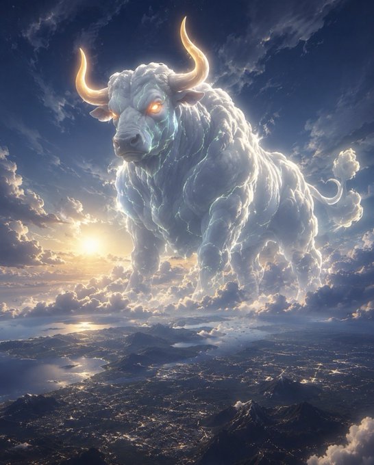 A fantasy digital artwork depicting a massive glowing cloud-like bull with golden horns and red eyes, towering over a landscape of land and water beneath a sunset sky.