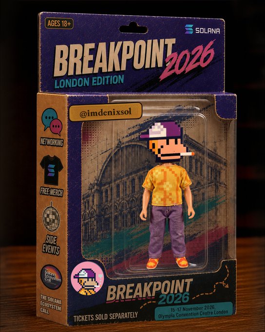 A retro action figure package mockup for 'BREAKPOINT 2026 LONDON EDITION' by Solana, featuring a pixel art character (@imdenixsol) with details like 'AGES 18+', networking, free merch, side events, and dates of 15-17 November 2026.