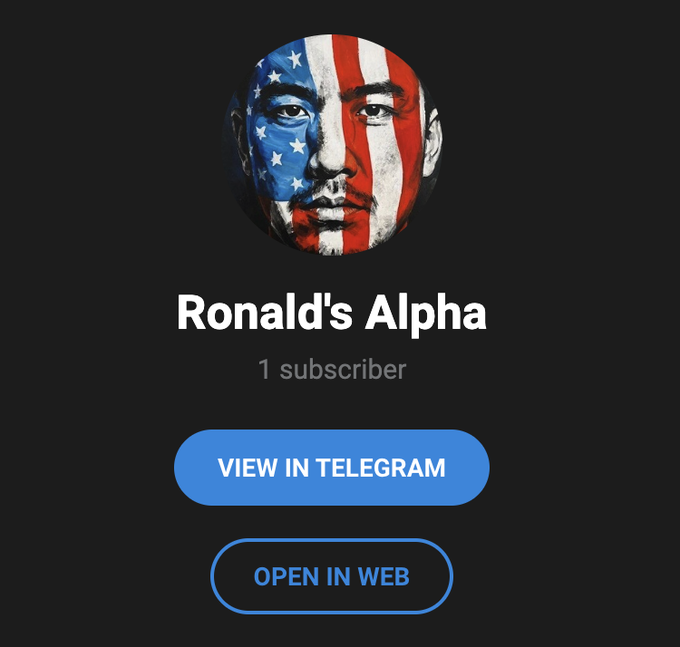 A Telegram channel profile for "Ronald's Alpha" with 1 subscriber, featuring an American flag-painted face icon, promoting a $25 SOL to $10,000 crypto challenge with live updates via the link t.me/ronald100x for the first 2,500 participants.