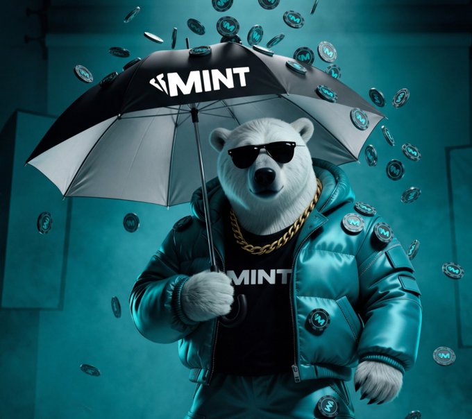 A stylized polar bear wearing sunglasses, a gold chain, and a teal puffer jacket holds an umbrella branded with 'MINT', surrounded by falling coins in a cyan-lit scene.