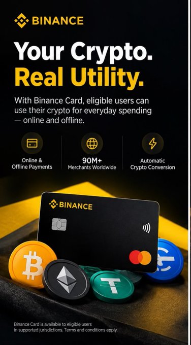 A Binance advertisement promoting their crypto card with the headline 'Your Crypto. Real Utility.' and featuring Bitcoin, Ethereum, Tether, and USD Coin.