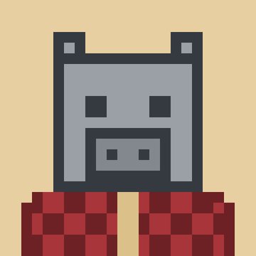 A pixel-art illustration of a blue, blocky character with a pig-like snout wearing a red and dark red checkered shirt against a yellow background.