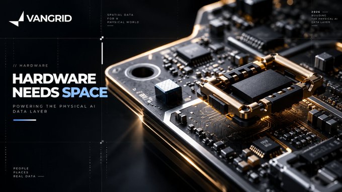 A dark tech-themed promotional image featuring 'VANGRIX' logo with the text 'HARDWARE NEEDS SPACE' and 'POWERING THE PHYSICAL AI DATA LAYER' over a circuit board background.