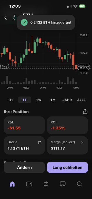 A black phone screen displays an app with information about Bitcoin trading, specifically the ETH-HUNDIGENFTIG. The display shows the current position of theETH coin at 1,37%.