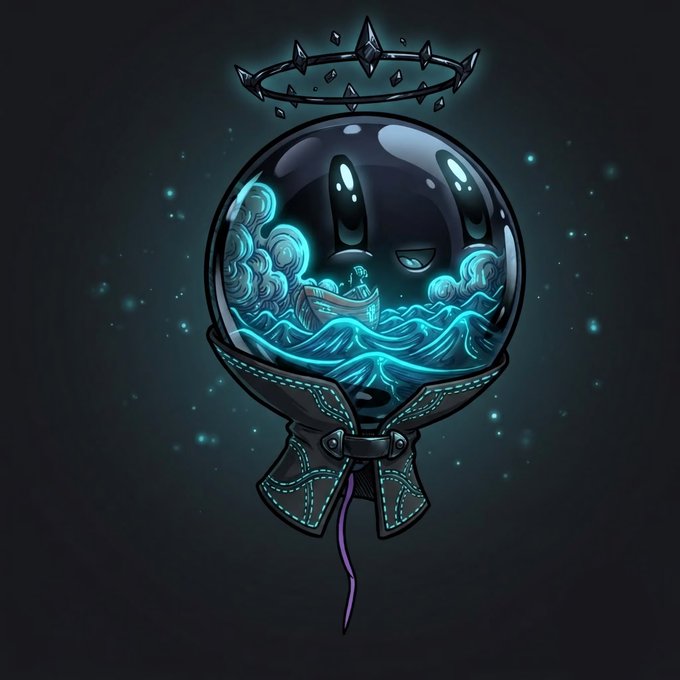 A dark fantasy illustration of a crystal ball with a skull-like face inside, floating on a glowing cyan sea with a tiny boat, topped with a spiked halo.