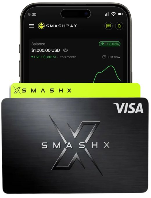 A promotional image for the SMASHPAY app showing a balance of $1,000.00 USD (+18.02%) with a LIVE indicator, paired with a black SMASHX VISA credit card in the foreground.