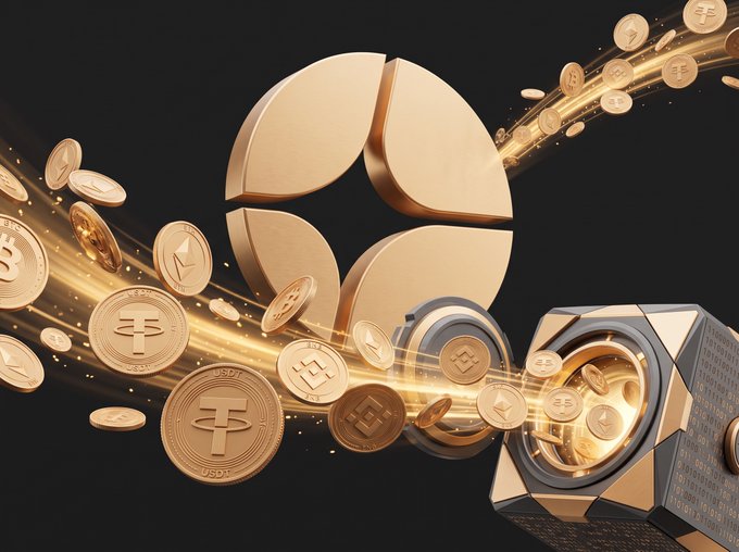 A stylized golden pie chart and coins featuring cryptocurrency symbols (including $) swirl around a secure vault, visually representing the staking and deposit process described in the guide for trading and earning $ASTER on Aster DEX.