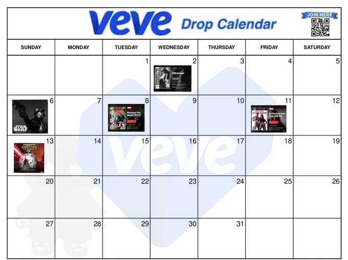 A Veve Drop Calendar displaying scheduled NFT drops including Ultraman, Star Wars, Marvel, Biker Mice, Power Rangers, and Teenage Mutant Ninja Turtles across various dates.