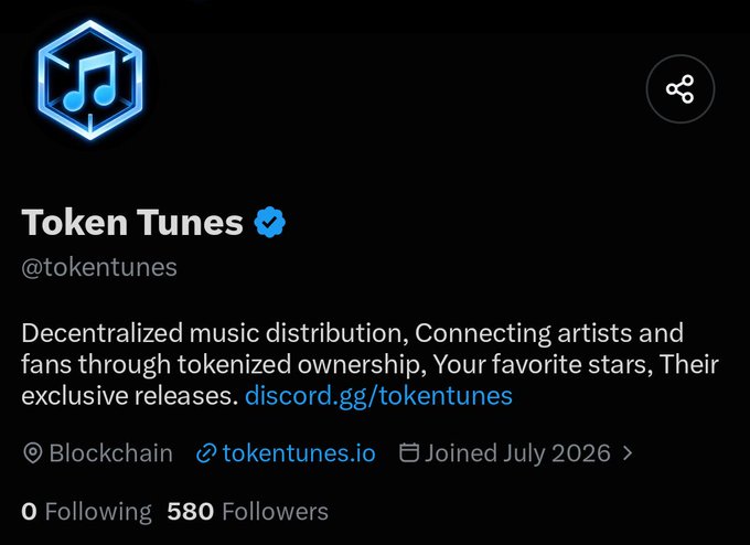 The image shows the Twitter profile page for **Token Tunes (@tokentunes)**, displaying a hexagonal music note logo, a bio about "Decentralized music distribution" connecting artists and fans through tokenized ownership, and stats showing 0 Following and 580 Followers, joined July 2026.

This aligns with the post's description of Token Tunes as an early-stage project by @briangarrett using NFTs and crypto to help artists distribute music and connect with supporters.