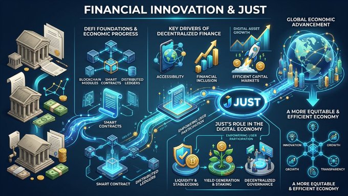 An infographic titled "FINANCIAL INNOVATION & JUST" illustrates the role of decentralized finance in economic advancement, highlighting components like DeFi foundations, blockchain modules, smart contracts, and digital asset growth, with central focus on "JUST" and its role in enabling user participation through liquidity, yield generation, and decentralized governance.